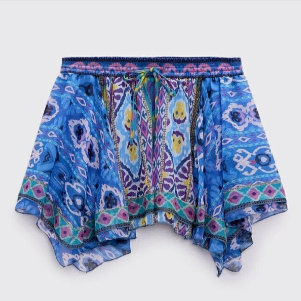 ZARA 2 Piece Set Aztec Print Short Skirt Halter Neck Top Boho Royal Blue/Multi S - Picture 11 of 16